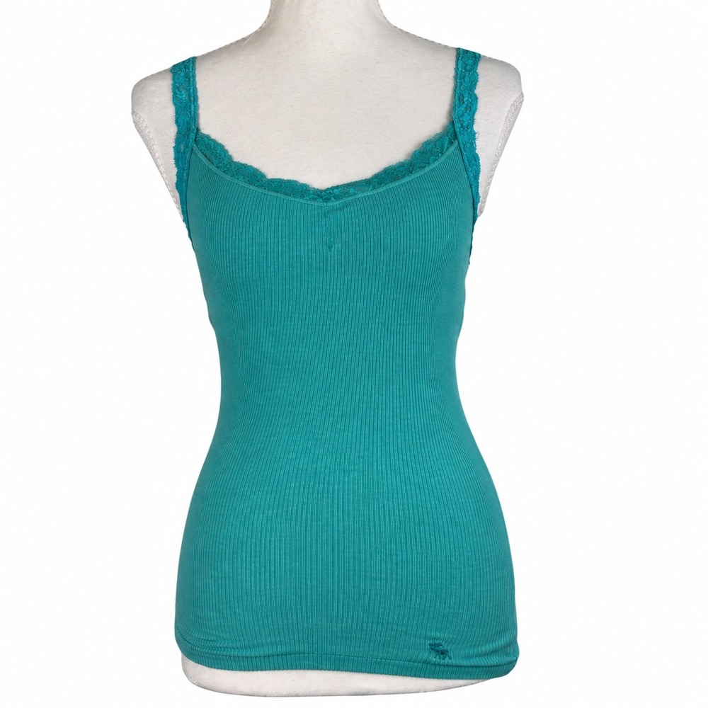Vintage Abercrombie & Fitch Cami Womens XS Teal Lace Trim Ribbed Tank Y2K